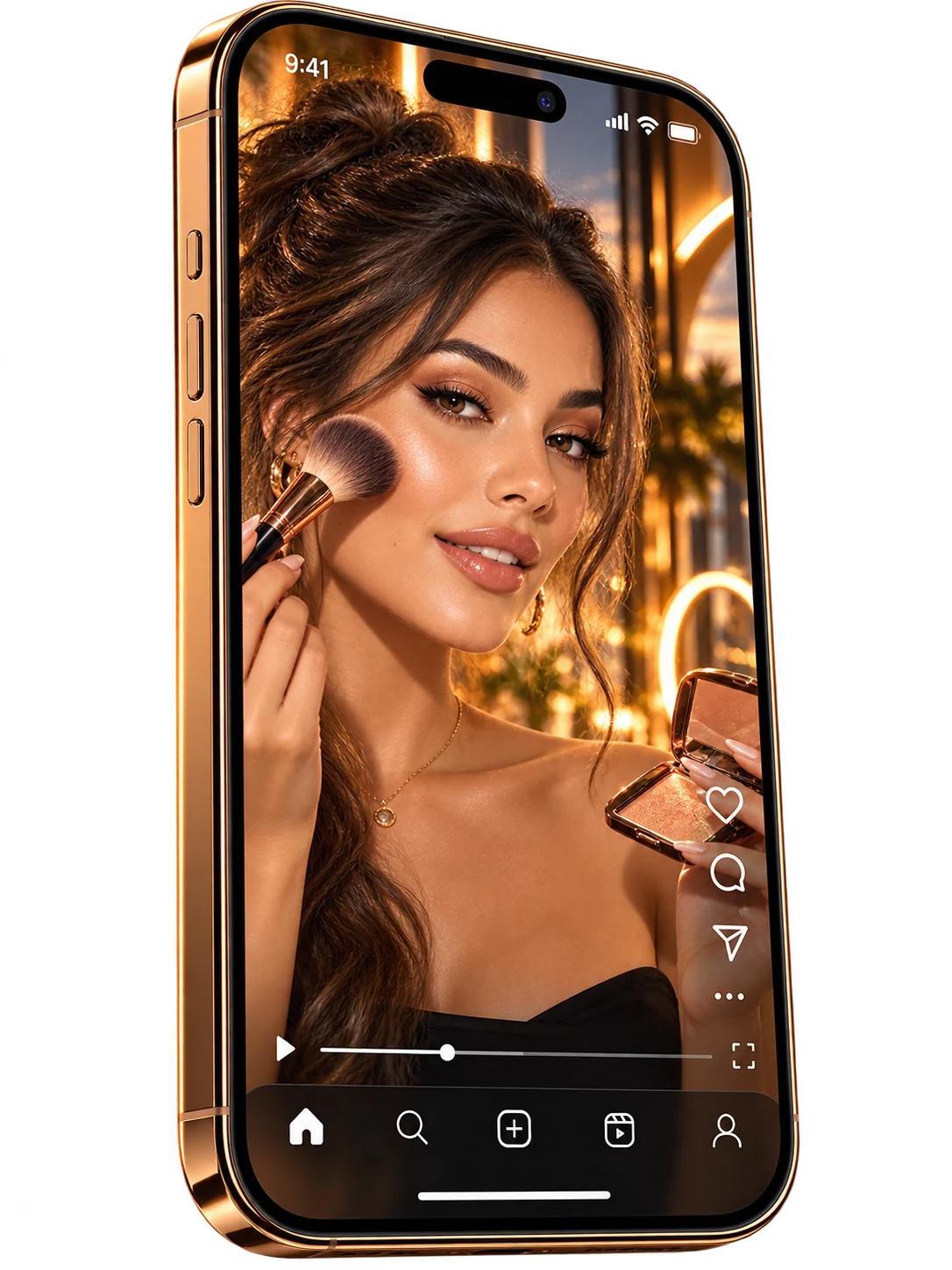 Fictional beauty creator teaching on a phone screen