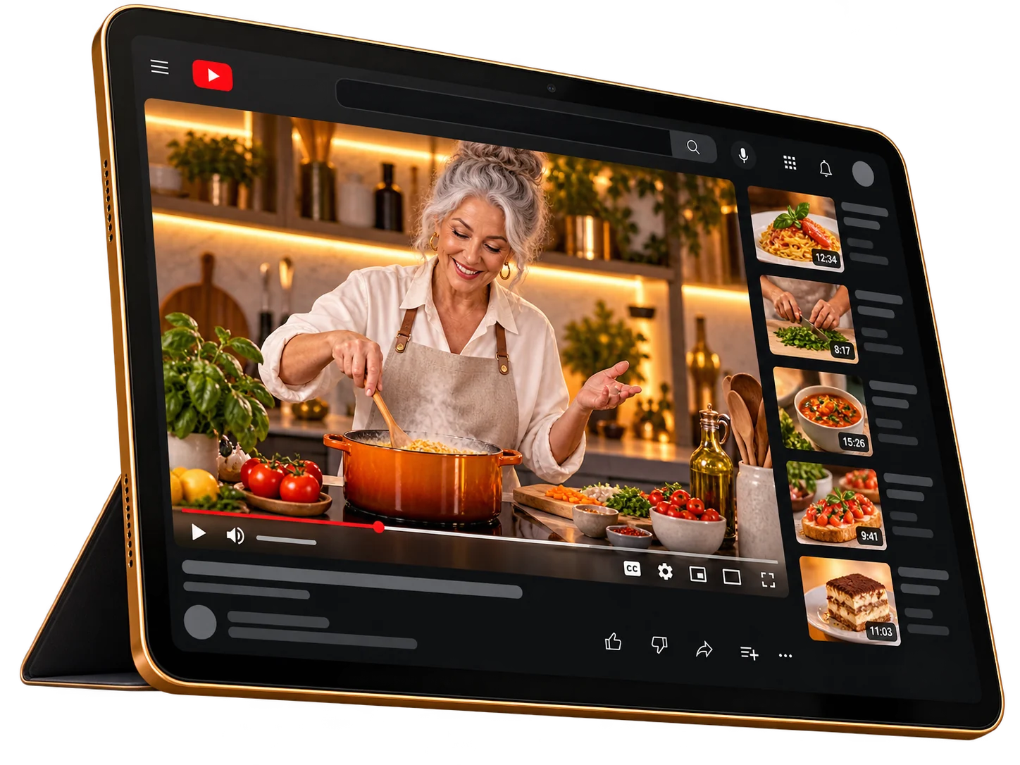 Fictional cooking creator teaching on a tablet